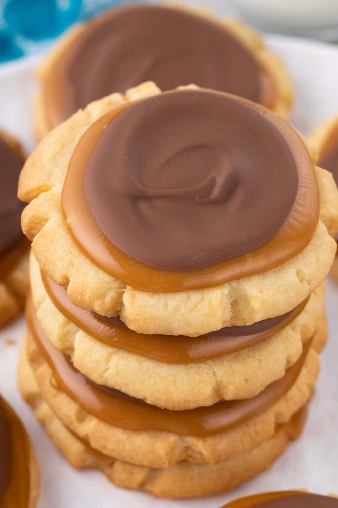 layered twix cookies in a stack.