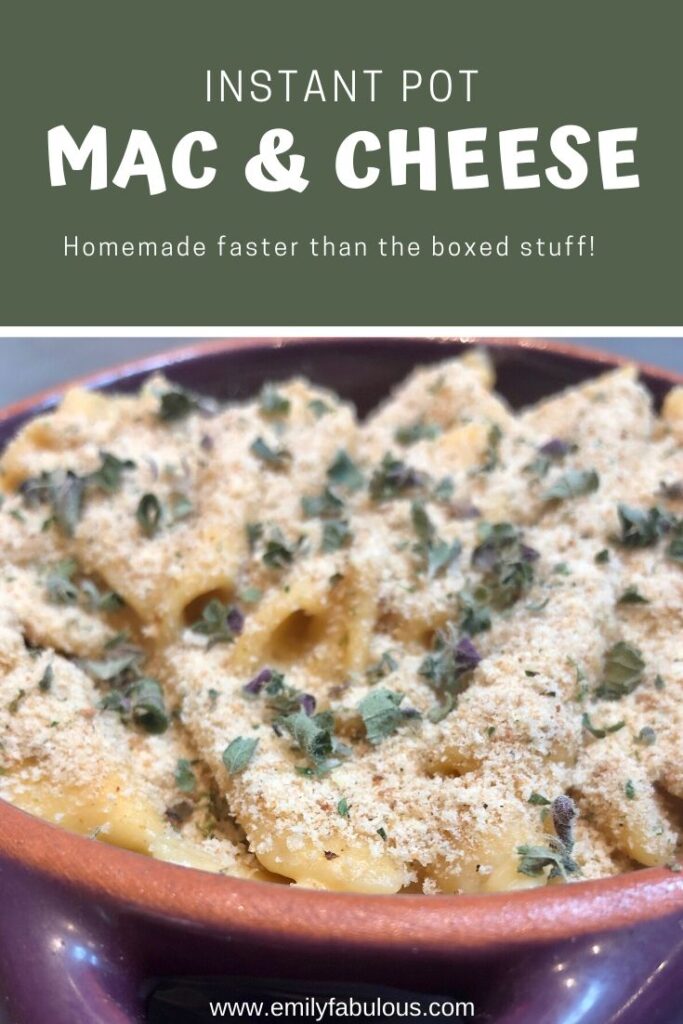 mac and cheese made in the instant pot with breadcrumbs and fresh herbs baked on top
