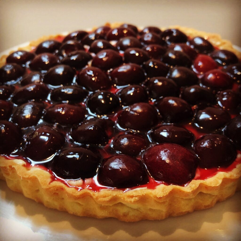 cherry tart with pastry cream and fresh cherry syrup