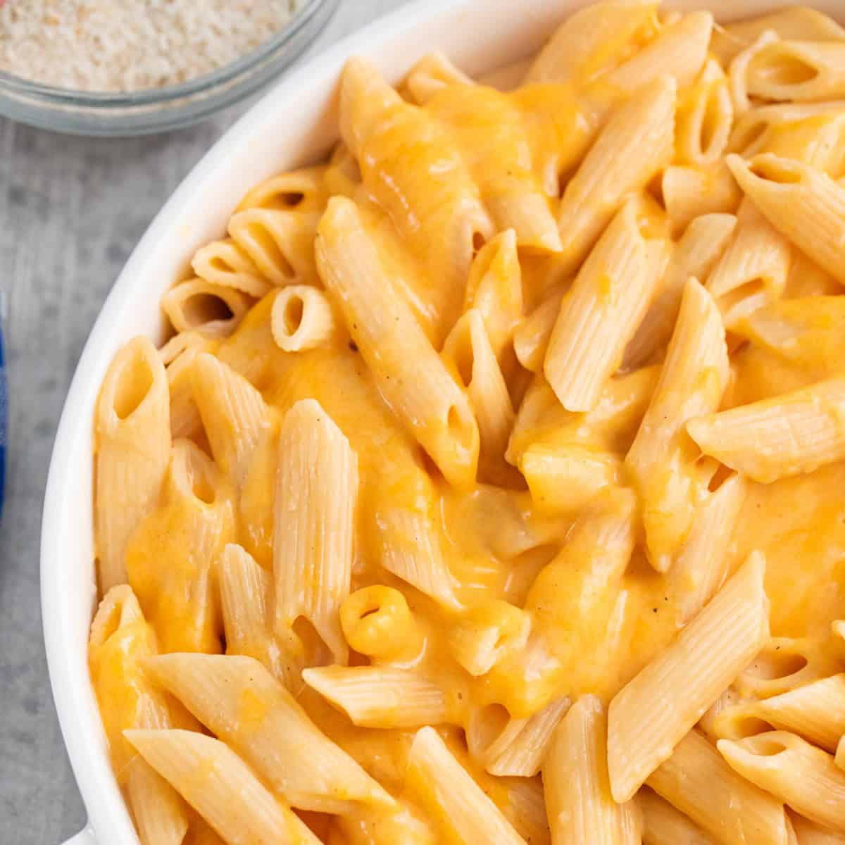 instant pot mac and cheese in a pan for broiling.