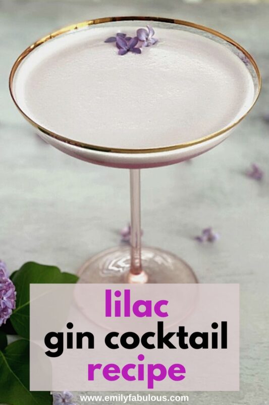 lilac cocktail in a coupe glass with fresh lilac flowers in foam