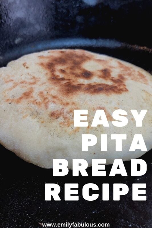 homemade pita bread cooking on a cast pan