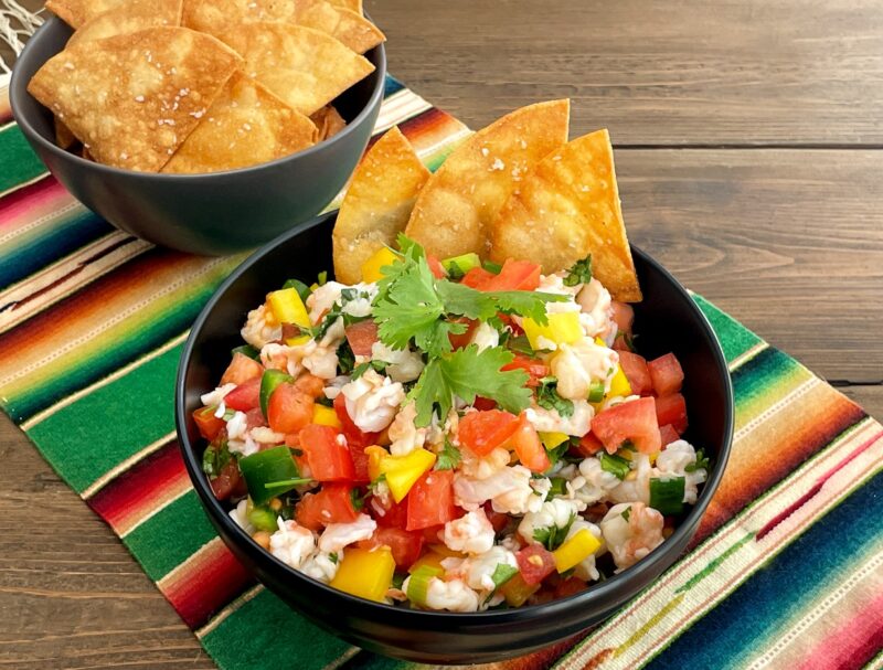 shrimp ceviche with a bowl of homemade tortilla chips
