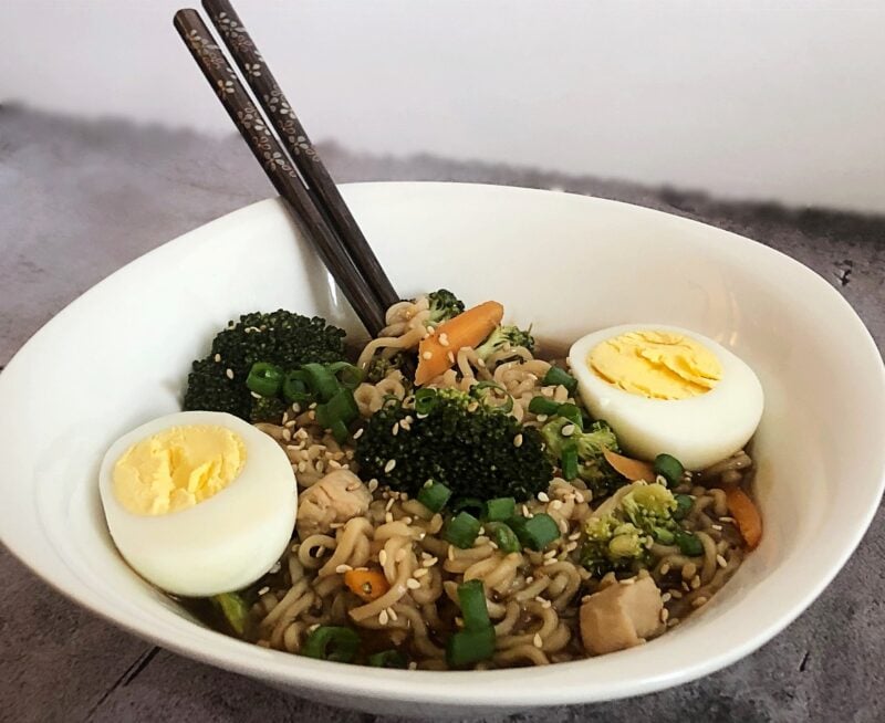 homemade ramen with chicken and hard boiled egg