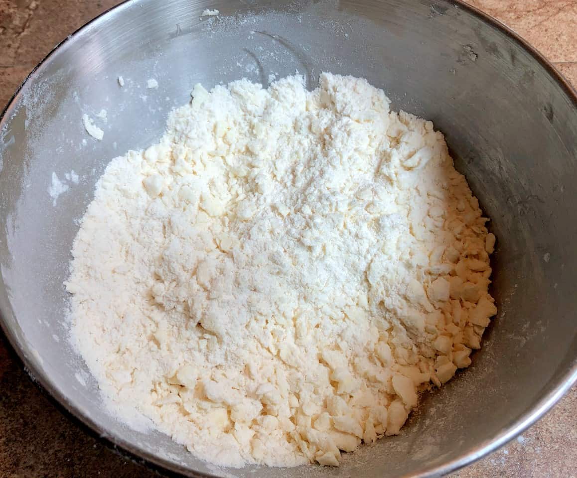 butter incorporated into flour for pie crust.