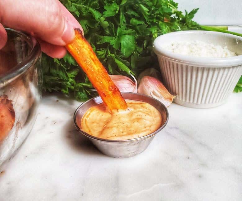 air fryer Garlic Parmesan Carrot Fries with dipping sauce