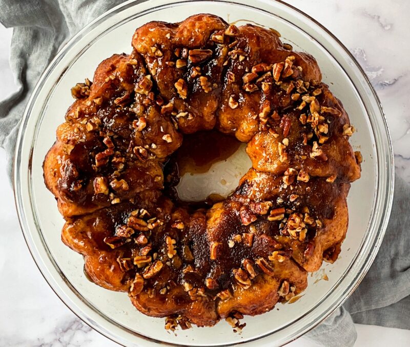 top view of sticky buns with pecans