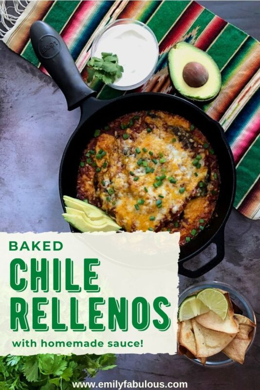baked chile rellenos in a cast iron pan with avocado, sour cream and lime