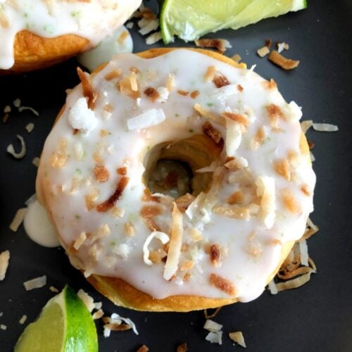 air fried toasted coconut lime donut and limes