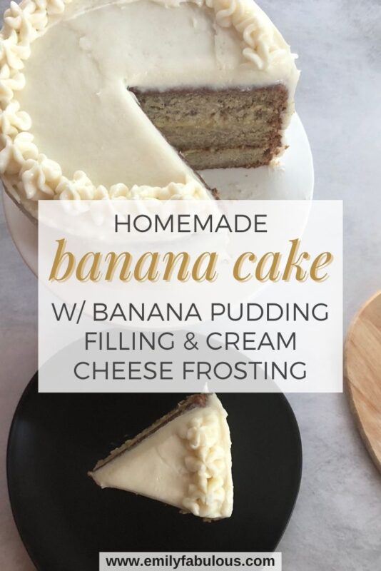 Banana cake with banana pudding filling frosted with cream cheese frosting with a slice taken out on a plate