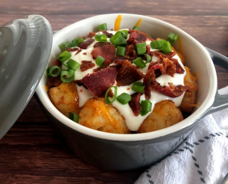 baked potato tater tots in a baking dish