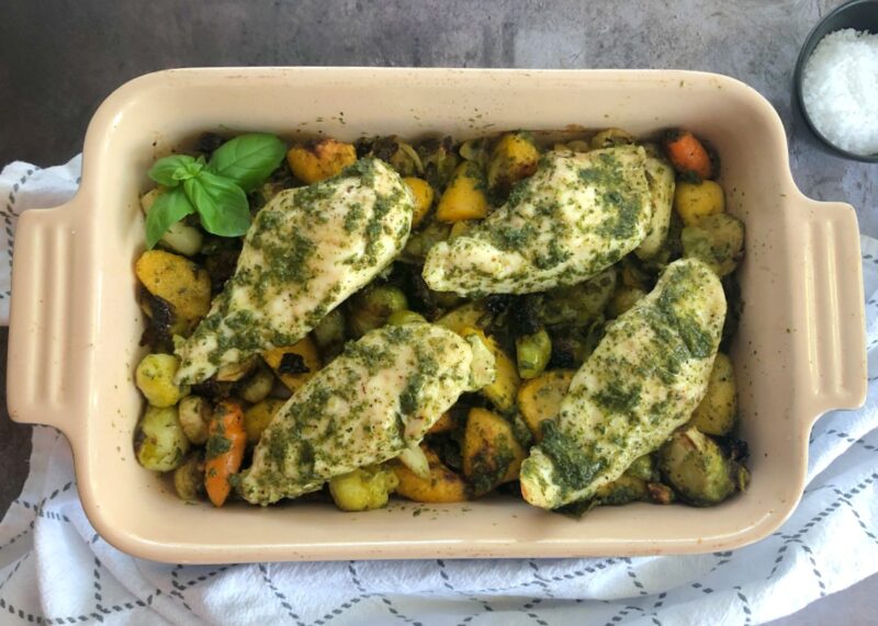 baked chicken and veggies with carrot greens pesto