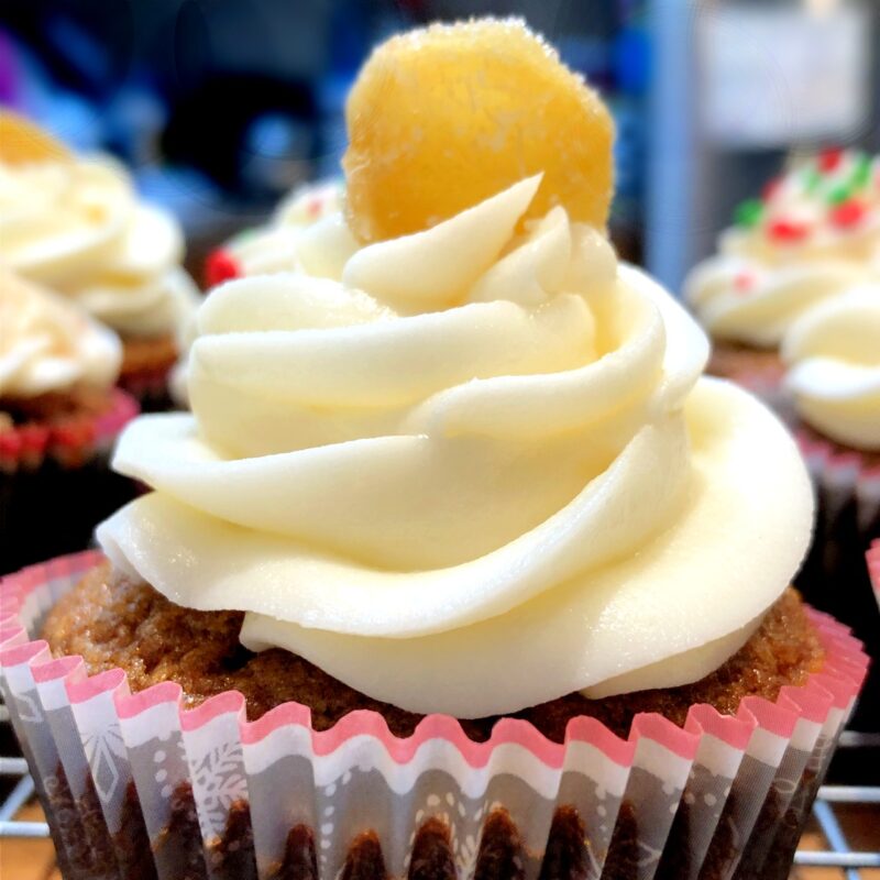 candied ginger cupcake with candied ginger on top