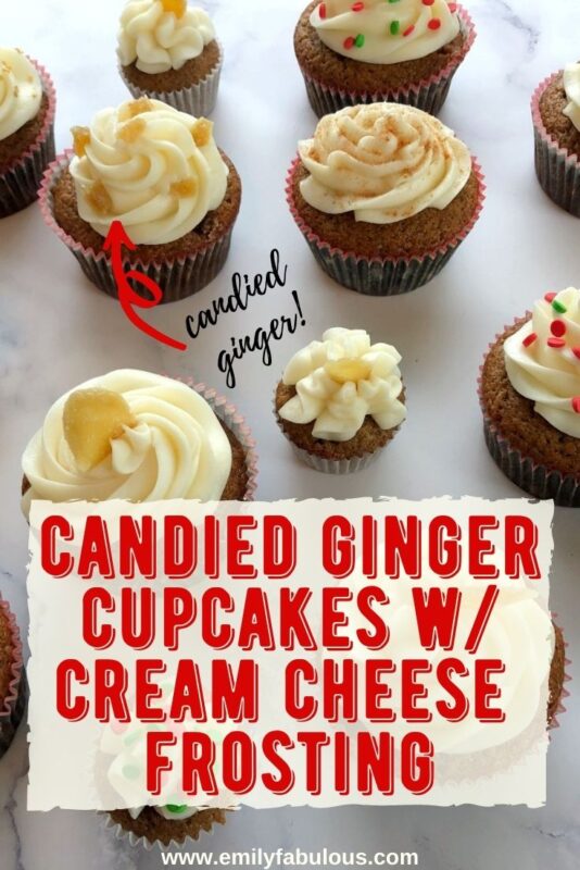 candied ginger cupcakes with cream cheese frosting and different sprinkles on top