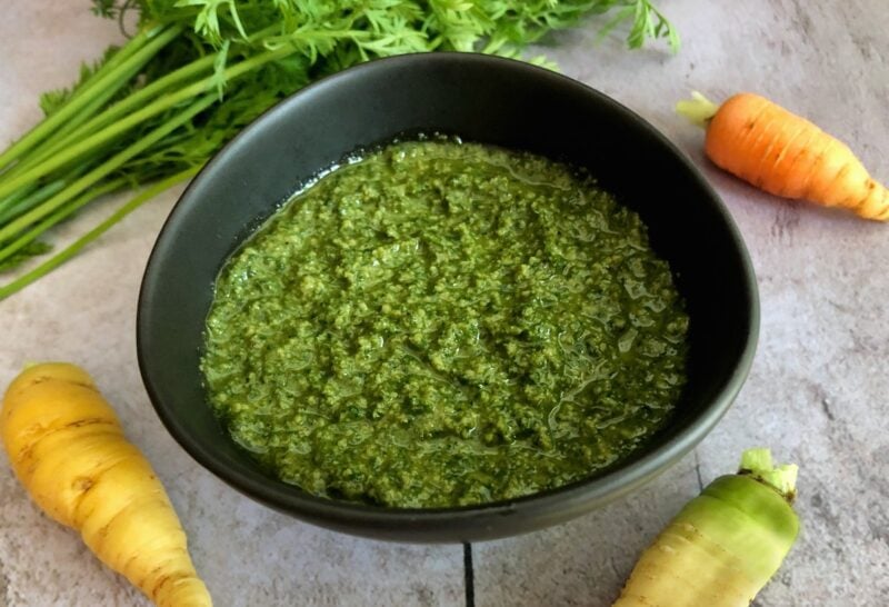 carrot greens pesto in a bowl