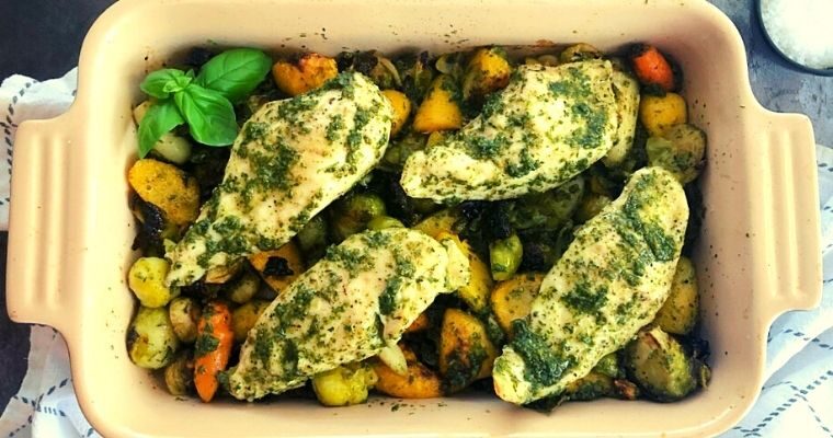 Carrot Greens Pesto Chicken and Roasted Vegetables