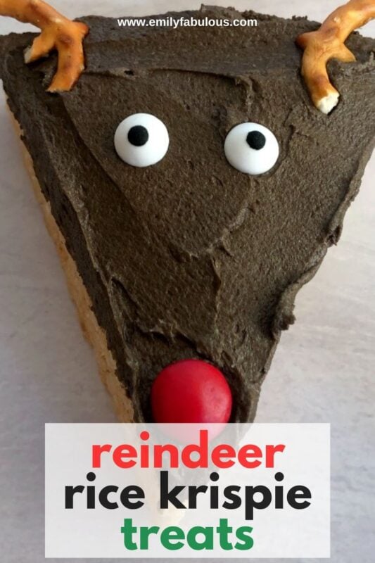 a reindeer rice cereal treat with pretzels and mm's