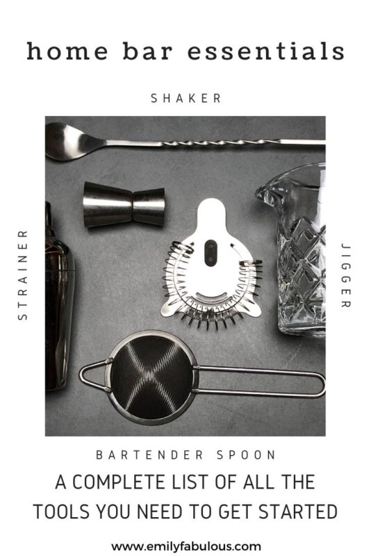 bar tools including a mixing glass, a bar spoon, jigger, strainers and a cocktail shaker
