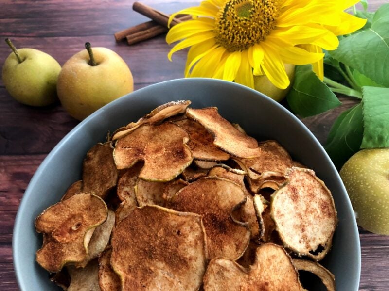 dehydrated pears with cinnamon and sugar in a bowl