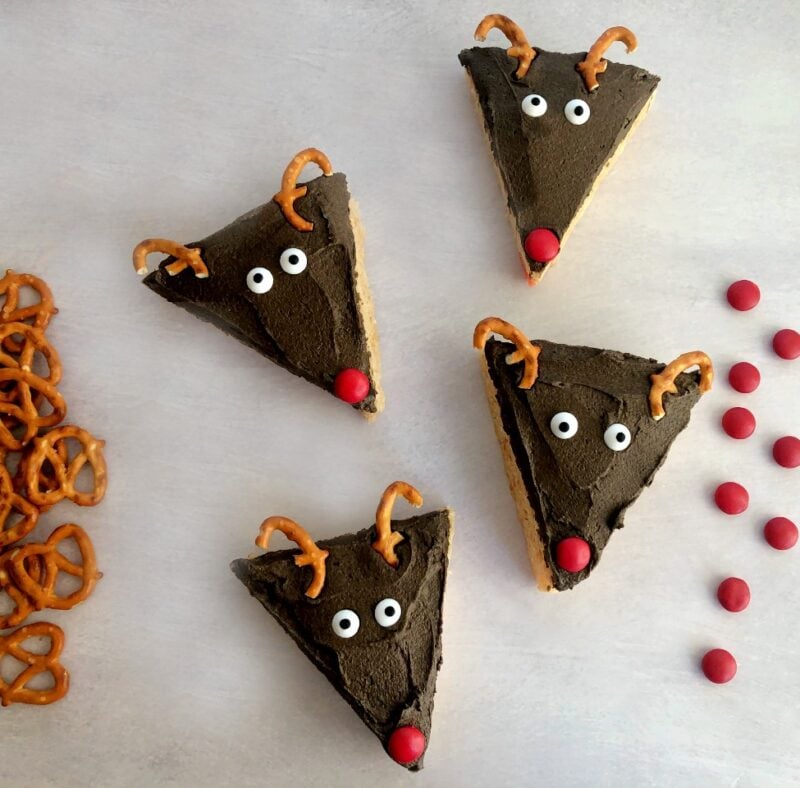 reindeer rice cereal treats with pretzels and candy noses