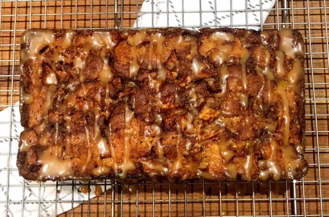 top view of cinnamon apple bread with apple caramel glaze.