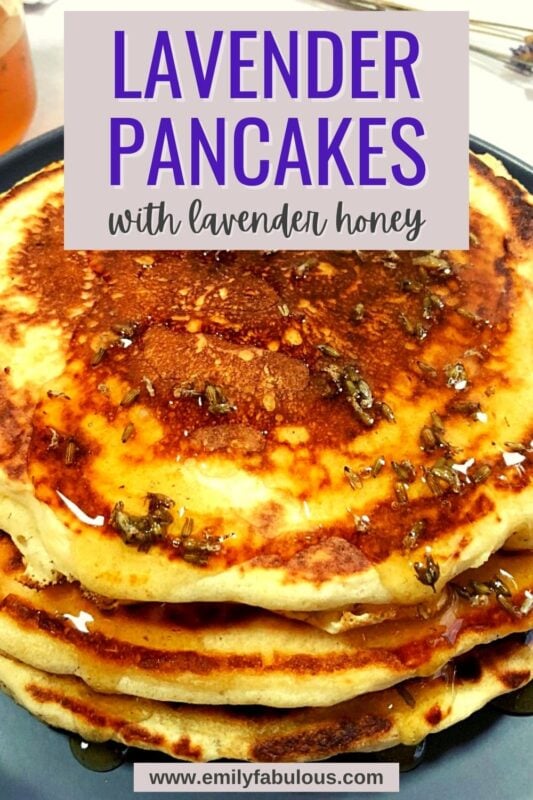 lavender pancakes on a plate with lavender honey and dried lavender buds