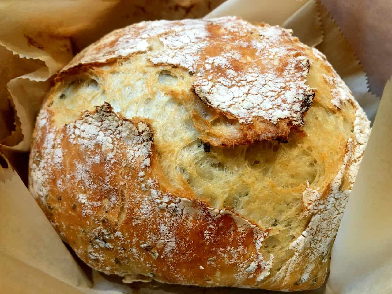 rosemary no-knead bread baked in a dutch oven.