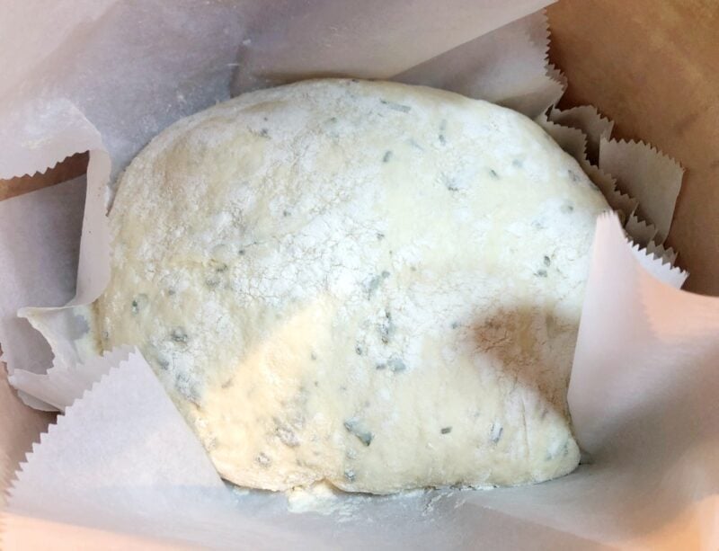 rosemary no-knead bread in dutch oven before baking