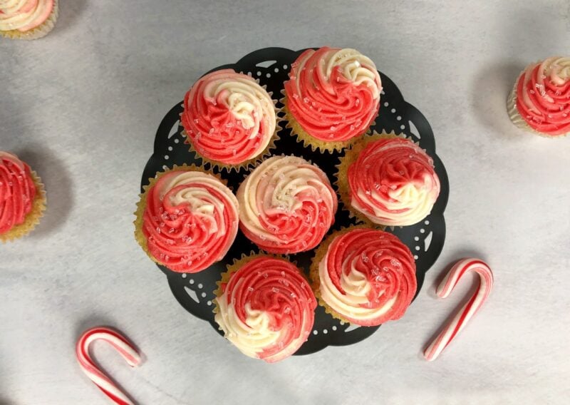 candy cane cupcakes on a stand