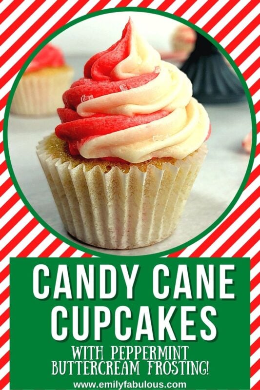 swirled peppermint frosting on top of a candy cane cupcake