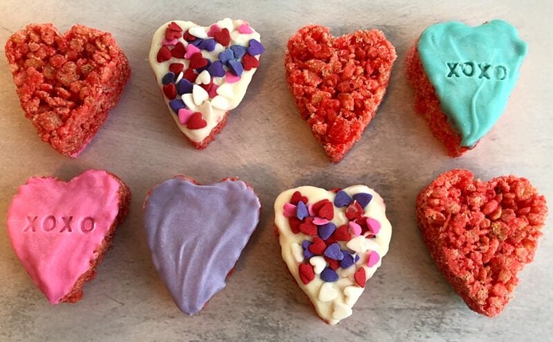 conversation heart rice cereal treats with candy coating and sprinkles