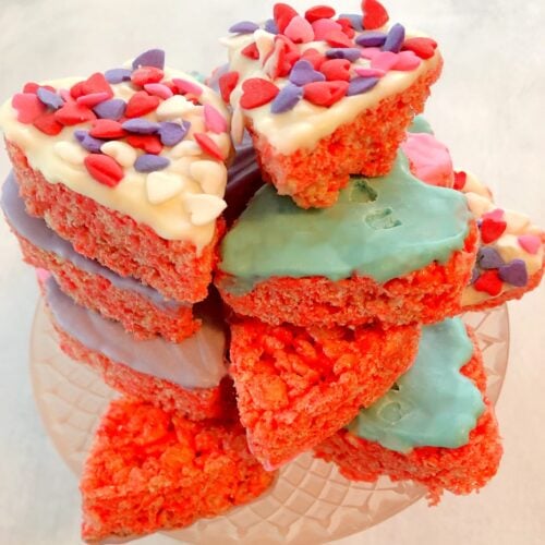 stack of rice krispie hearts on a cake stand
