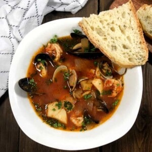 a bowl of easy cioppino soup