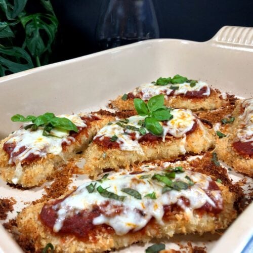 baked marinara chicken in a baking dish