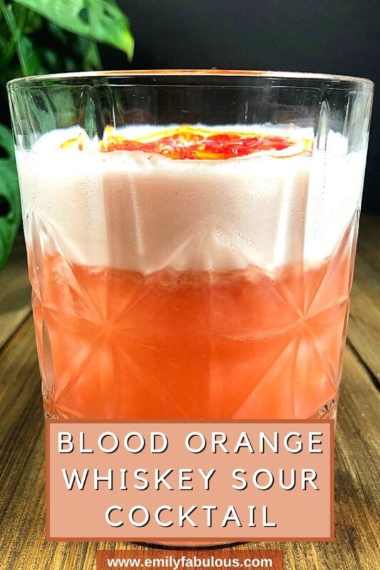 blood orange whiskey sour in a low ball glass with a orange slice garnish