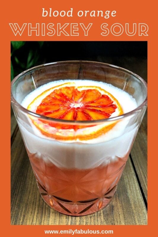 blood orange whiskey sour with an egg white foam on top and a dehydrated orange slice as garnish