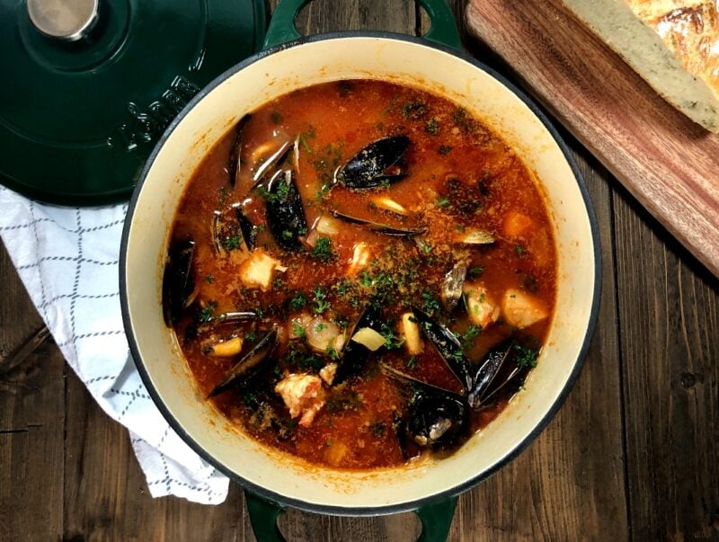 seafood cioppino in a large dutch oven pot