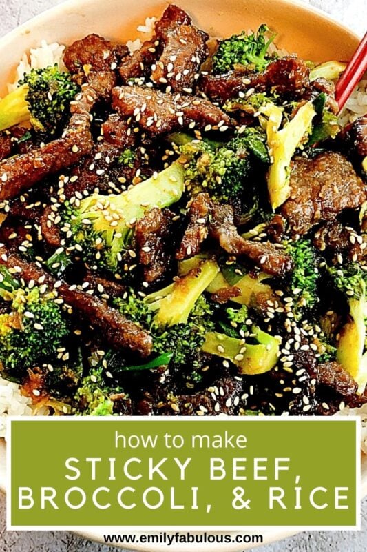 sticky beef and broccoli with sesame seeds on rice