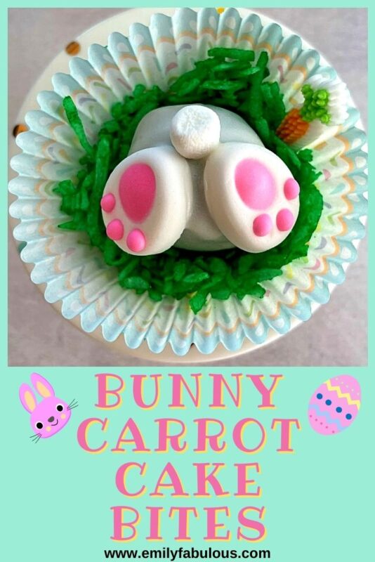 Bunny Butt Carrot Cake ball in a cupcake liner with a candy carrot and edible coconut grass