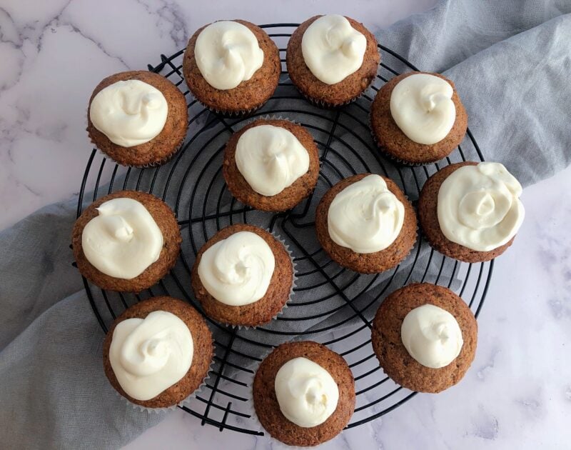 banana muffins on a round coolings rack
