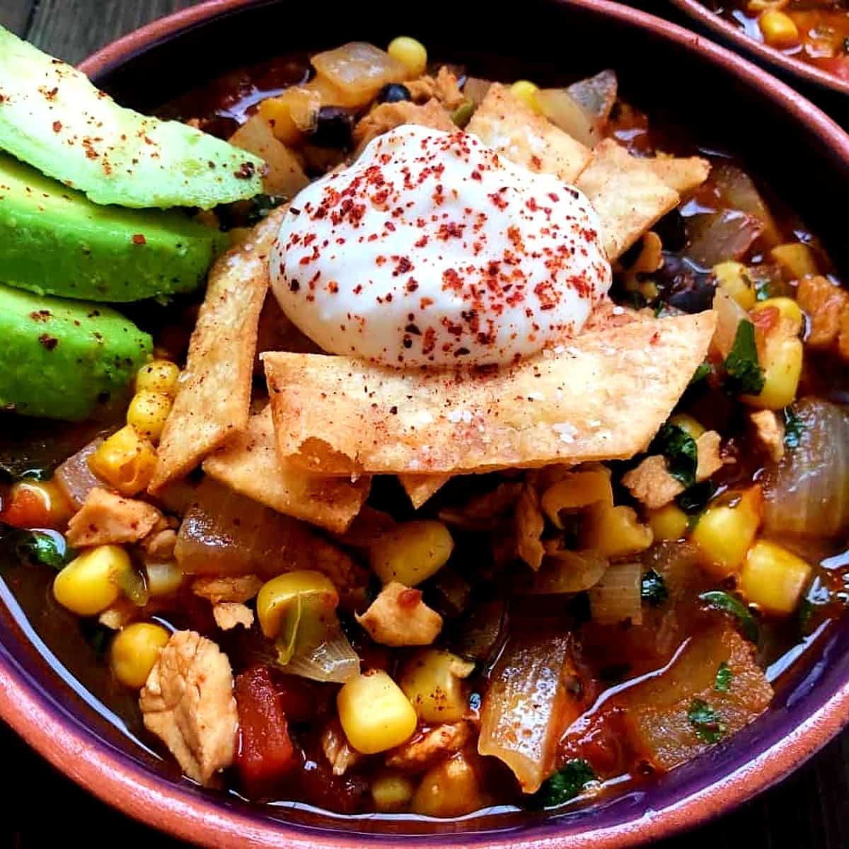 bowl of chunky chicken tortilla soup