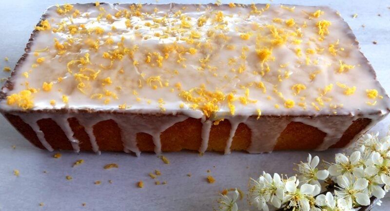 grapefruit pound cake with glaze and zest on top