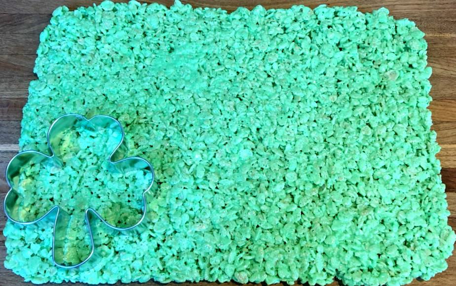 green rice krispies with a shamrock cookie cutter.