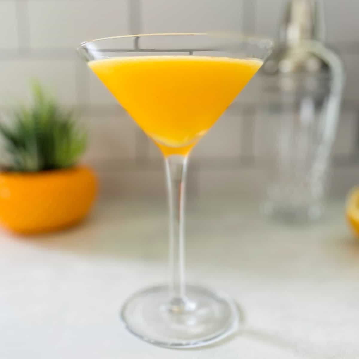 passion fruit martini in a martini glass.