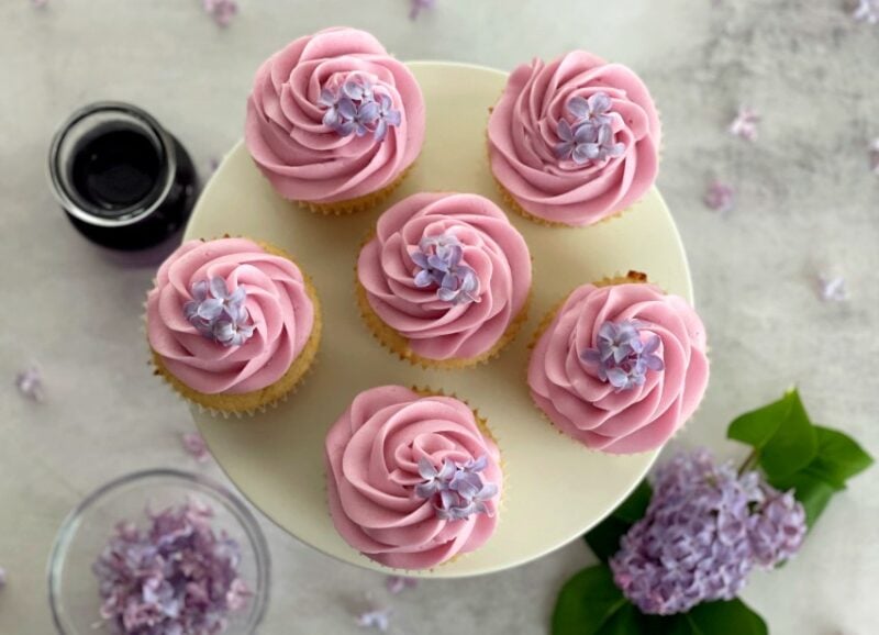 lilac cupcakes with fresh lilac flowers on top