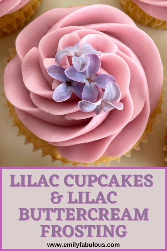 lilac cupcake with frosting and fresh lilac flowers on top