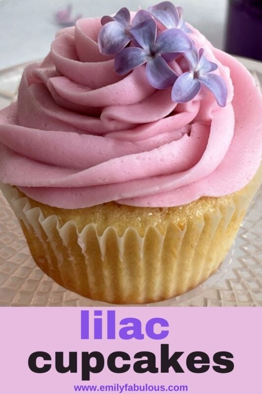 a lilac cupcake with lilac buttercream frosting and fresh lilac flowers as garnish
