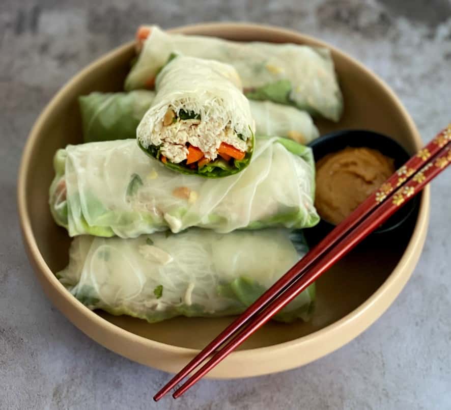 spring rolls on a plate with peanut sauce