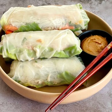 spring rolls with peanut sauce on a plate