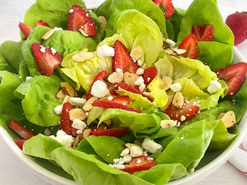 butter lettuce with strawberries, almonds and goat cheese